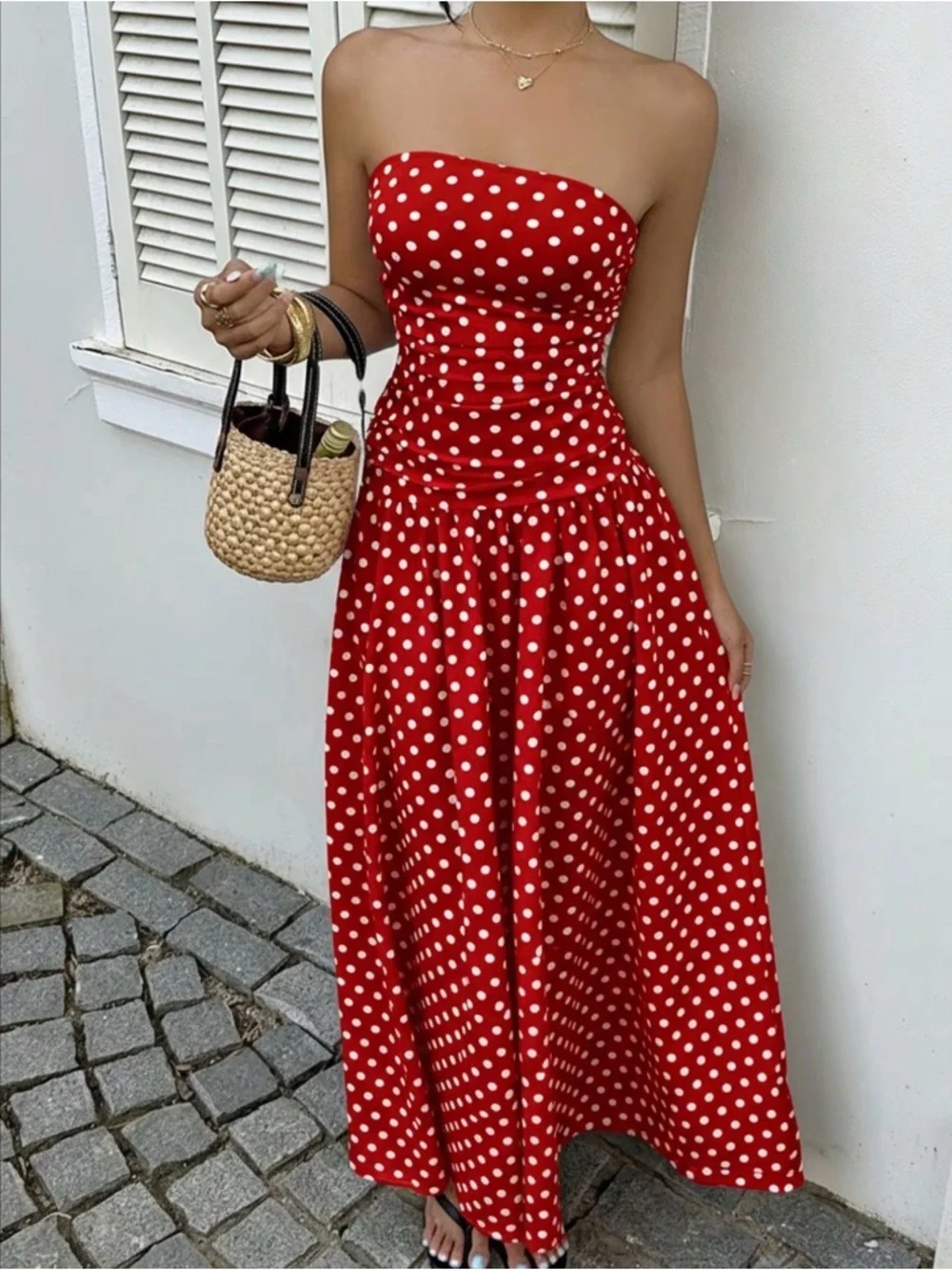 Chic Strapless Red Polka Dot Summer Dress New Boutique - Picture 3 of 7